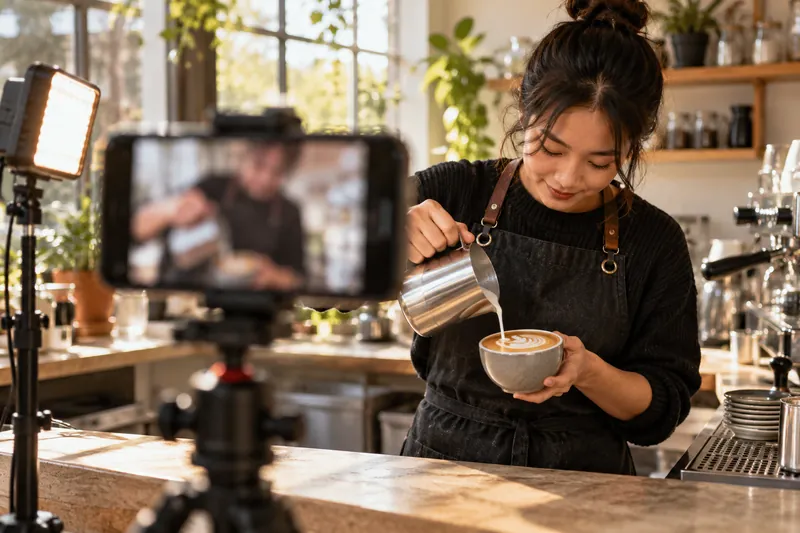 A phone on a tripod filming a barista pouring latte art