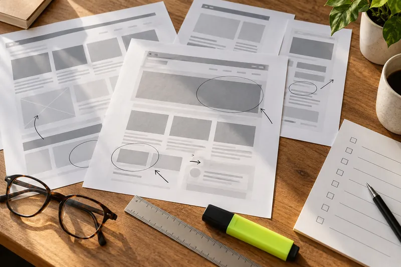 Printed web pages marked up with pen circles beside a blank checklist