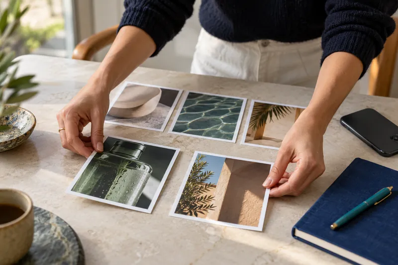Hands choosing two printed ad variations from a row of six