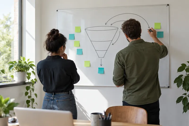 Two people at a whiteboard drawing a funnel with arrows looping back